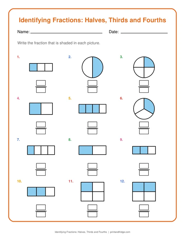 Identifying Fractions: Halves, Thirds and Fourths printable worksheet
