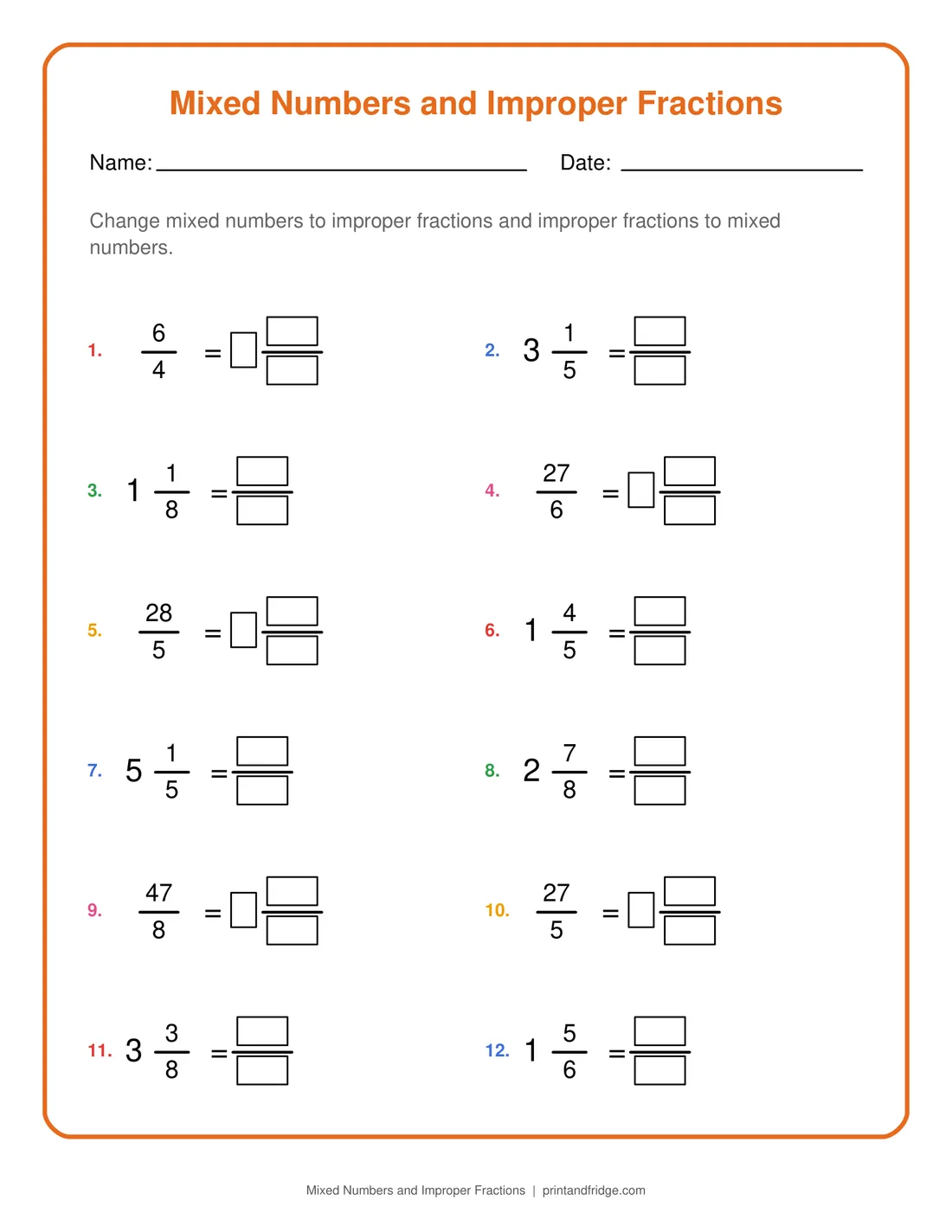 Mixed Numbers and Improper Fractions printable worksheet