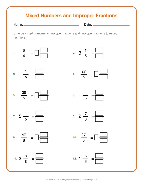 Mixed Numbers and Improper Fractions printable worksheet