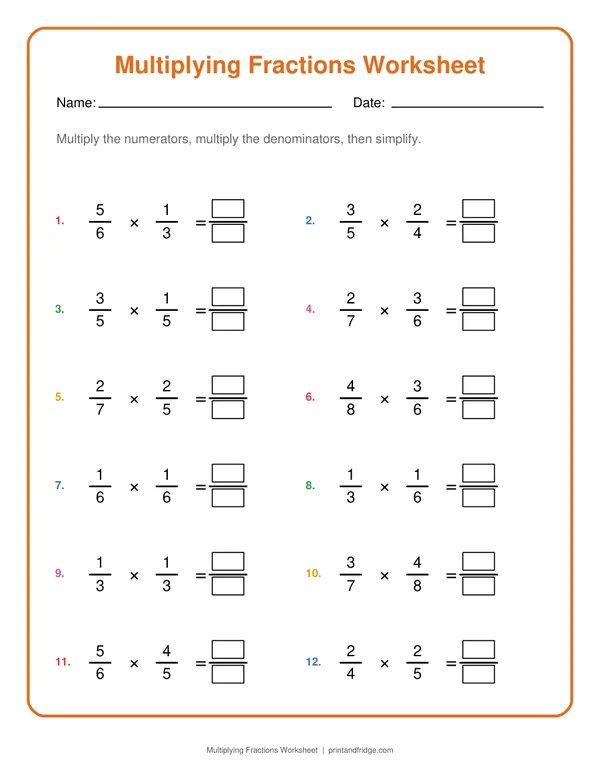 Multiplying Fractions Worksheet printable worksheet