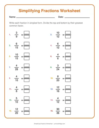 Simplifying Fractions Worksheet