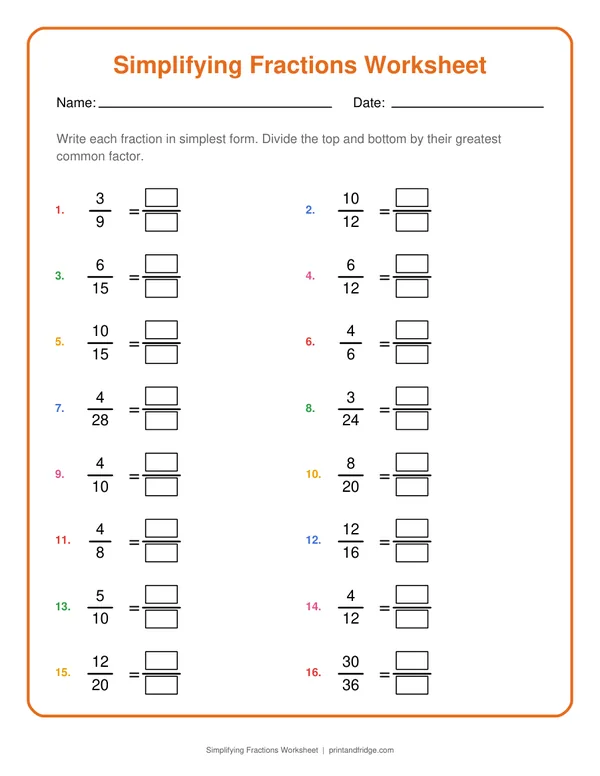 Simplifying Fractions Worksheet printable worksheet