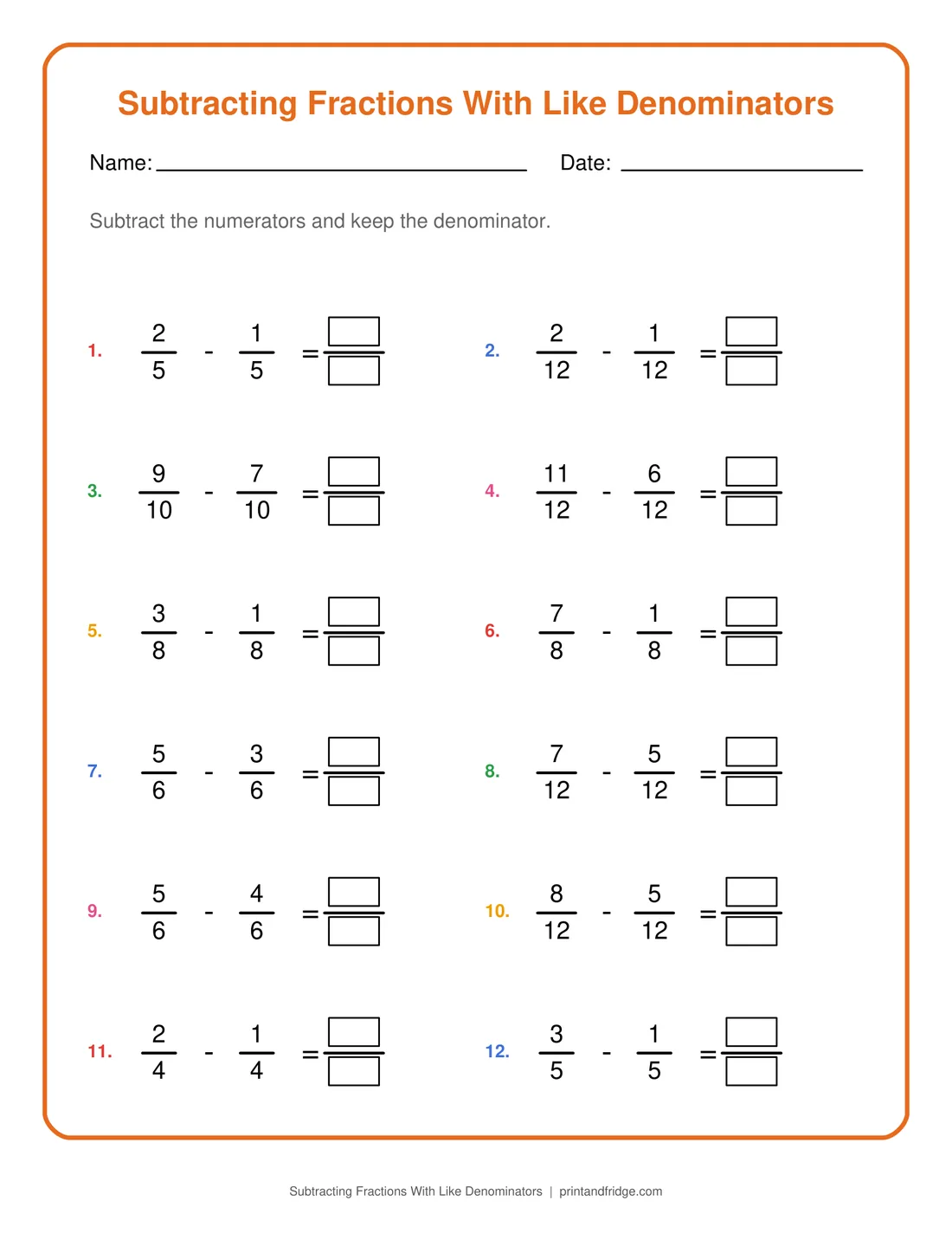Subtracting Fractions With Like Denominators printable worksheet