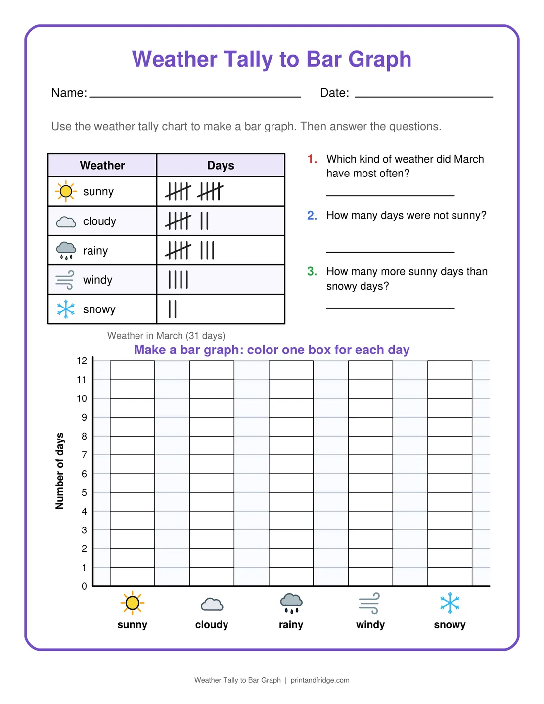 Weather Tally to Bar Graph printable worksheet