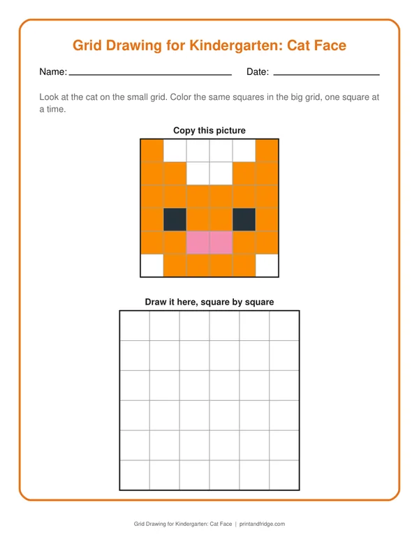 Grid Drawing for Kindergarten: Cat Face printable worksheet