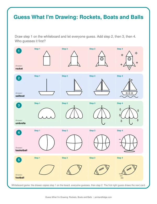 Guess What I'm Drawing: Rockets, Boats and Balls printable game