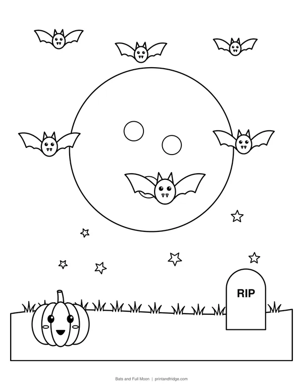 Bats and Full Moon printable coloring page