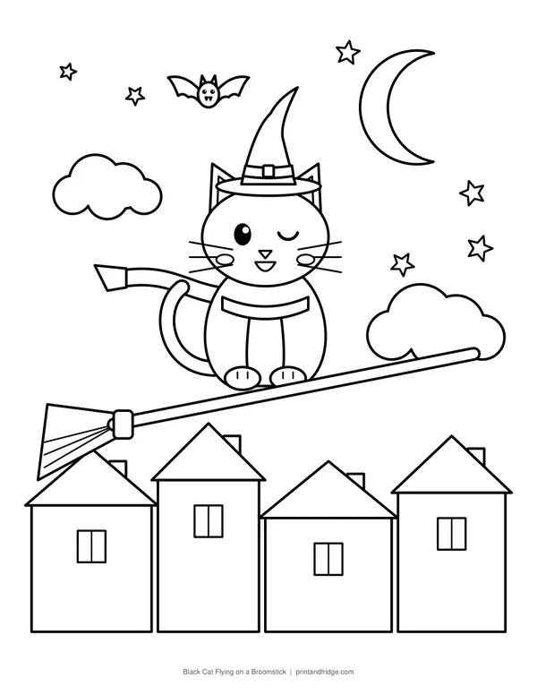 Black Cat Flying on a Broomstick printable coloring page