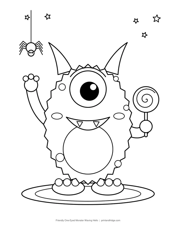Friendly One-Eyed Monster Waving Hello coloring page