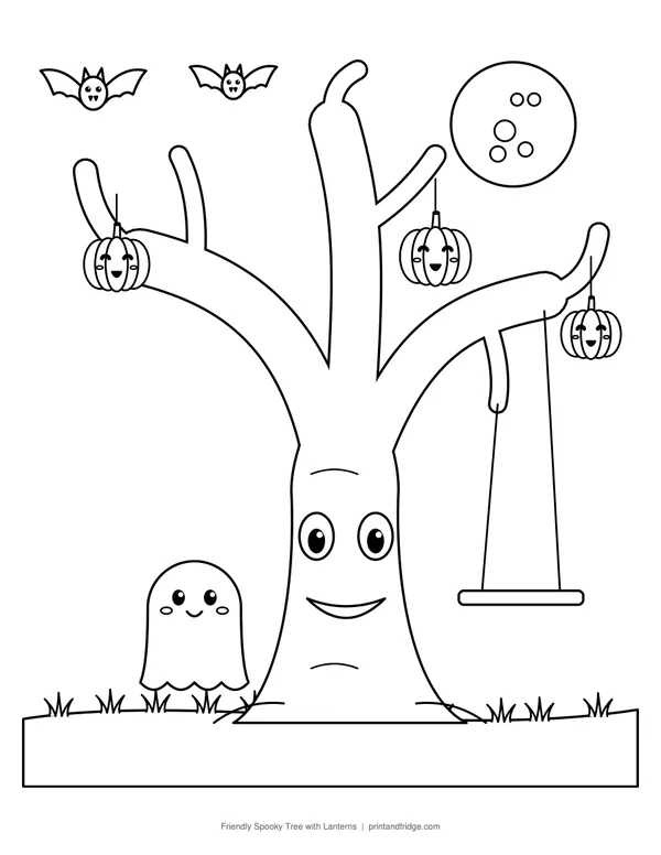 Friendly Spooky Tree with Lanterns coloring page