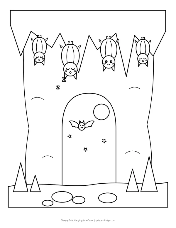 Sleepy Bats Hanging in a Cave printable coloring page