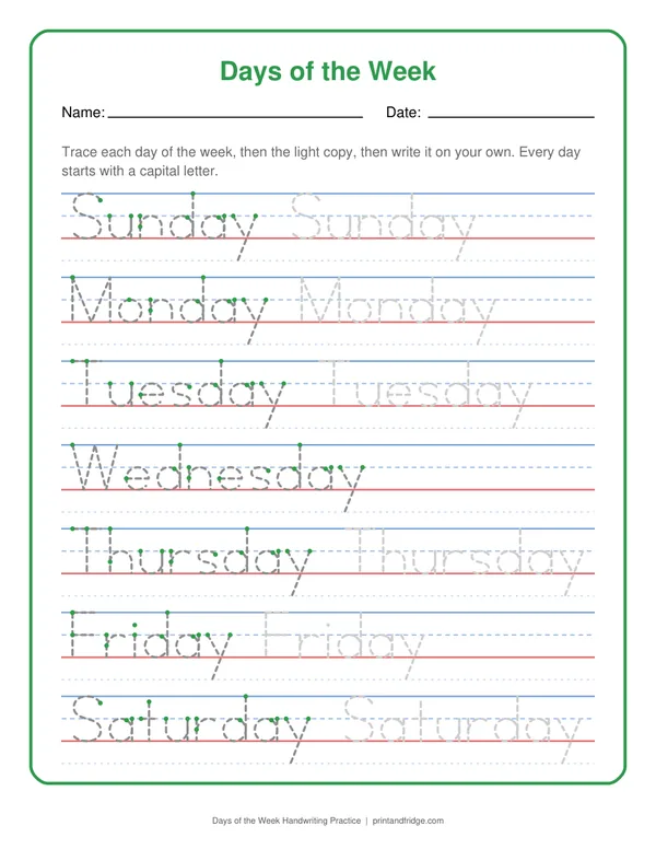 Days of the Week Handwriting Practice printable worksheet