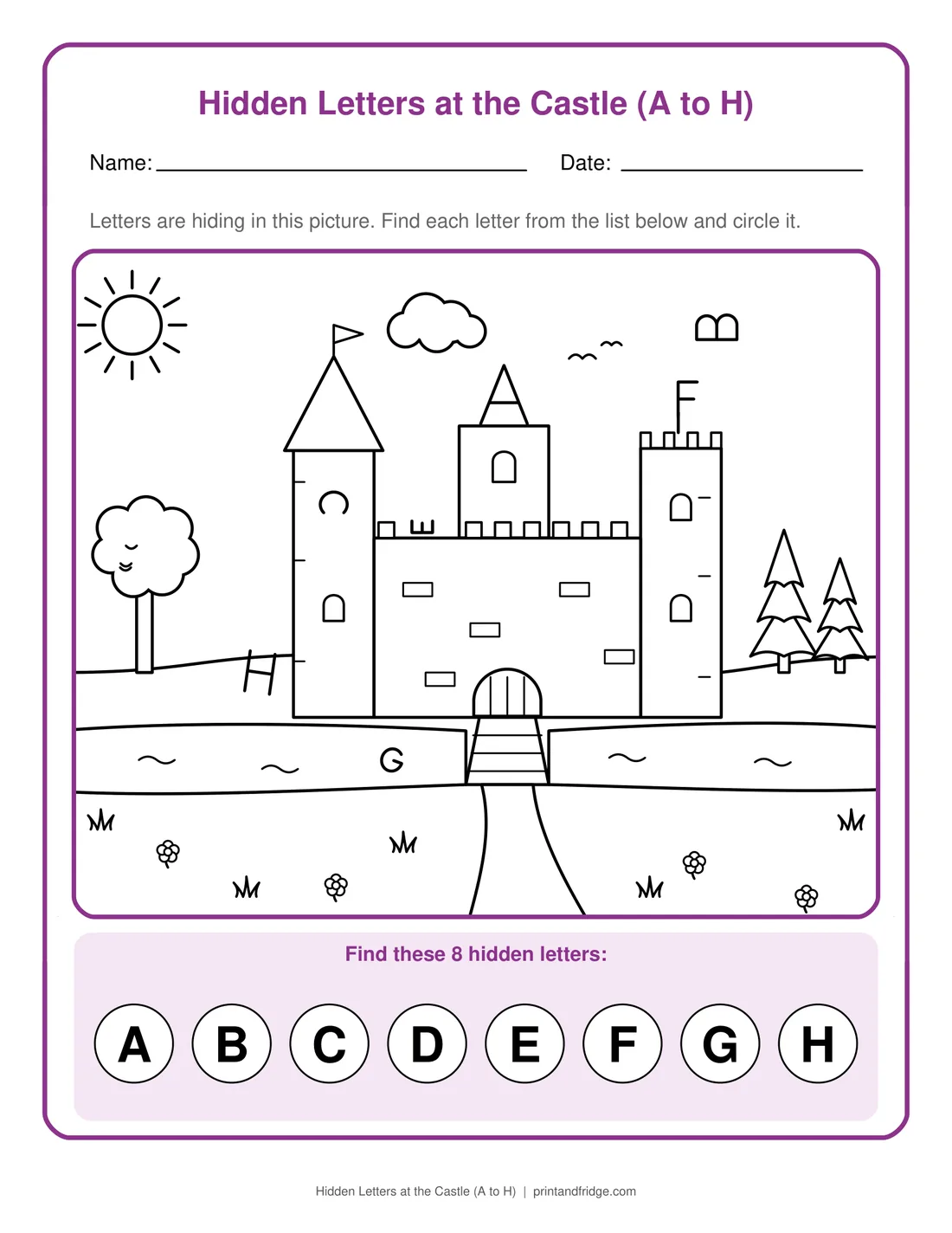 Hidden Letters at the Castle (A to H) printable worksheet