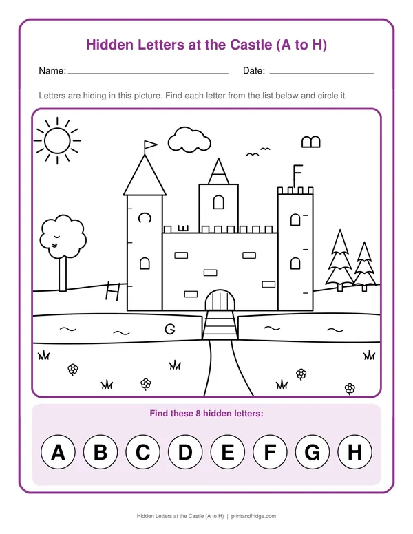 Hidden Letters at the Castle (A to H) printable worksheet