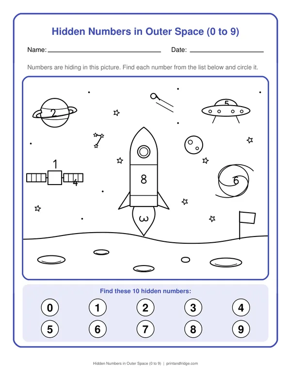 Hidden Numbers in Outer Space (0 to 9) printable worksheet