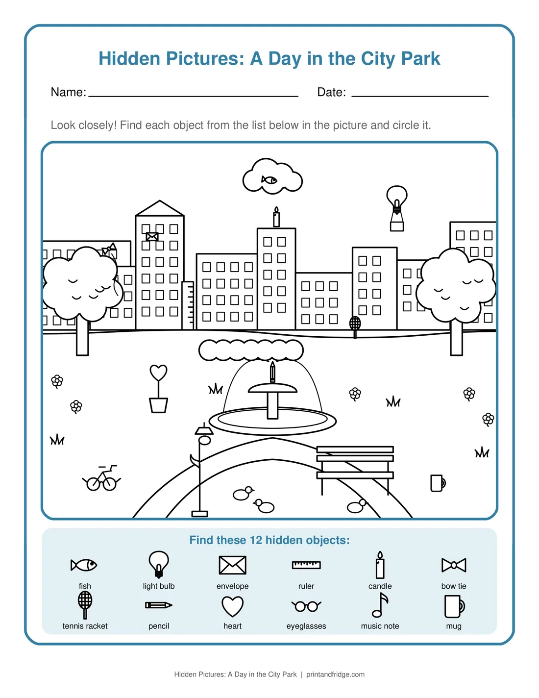 Hidden Pictures: A Day in the City Park printable worksheet