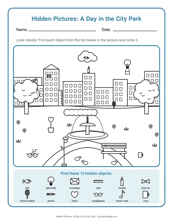 Hidden Pictures: A Day in the City Park printable worksheet