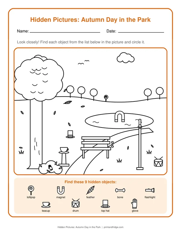 Hidden Pictures: Autumn Day in the Park printable worksheet