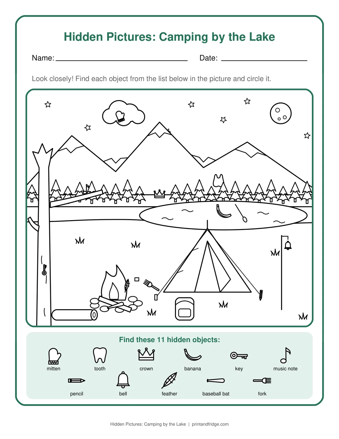 Hidden Pictures: Camping by the Lake printable worksheet