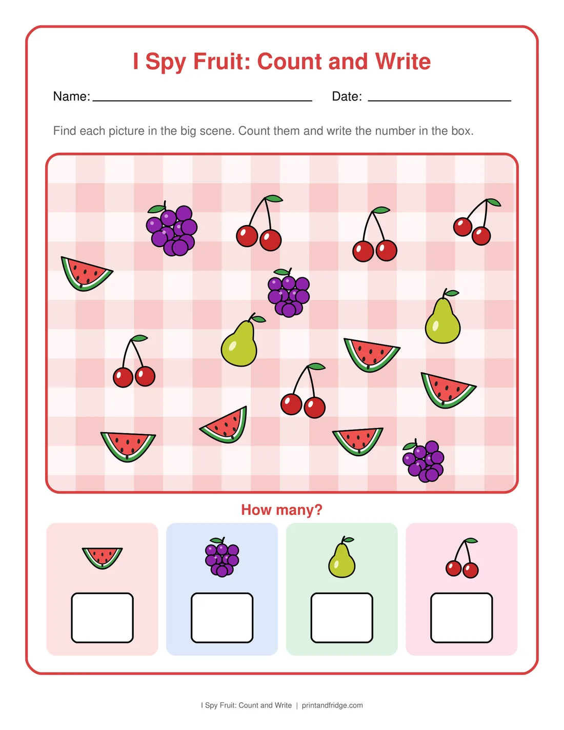 I Spy Fruit: Count and Write printable worksheet