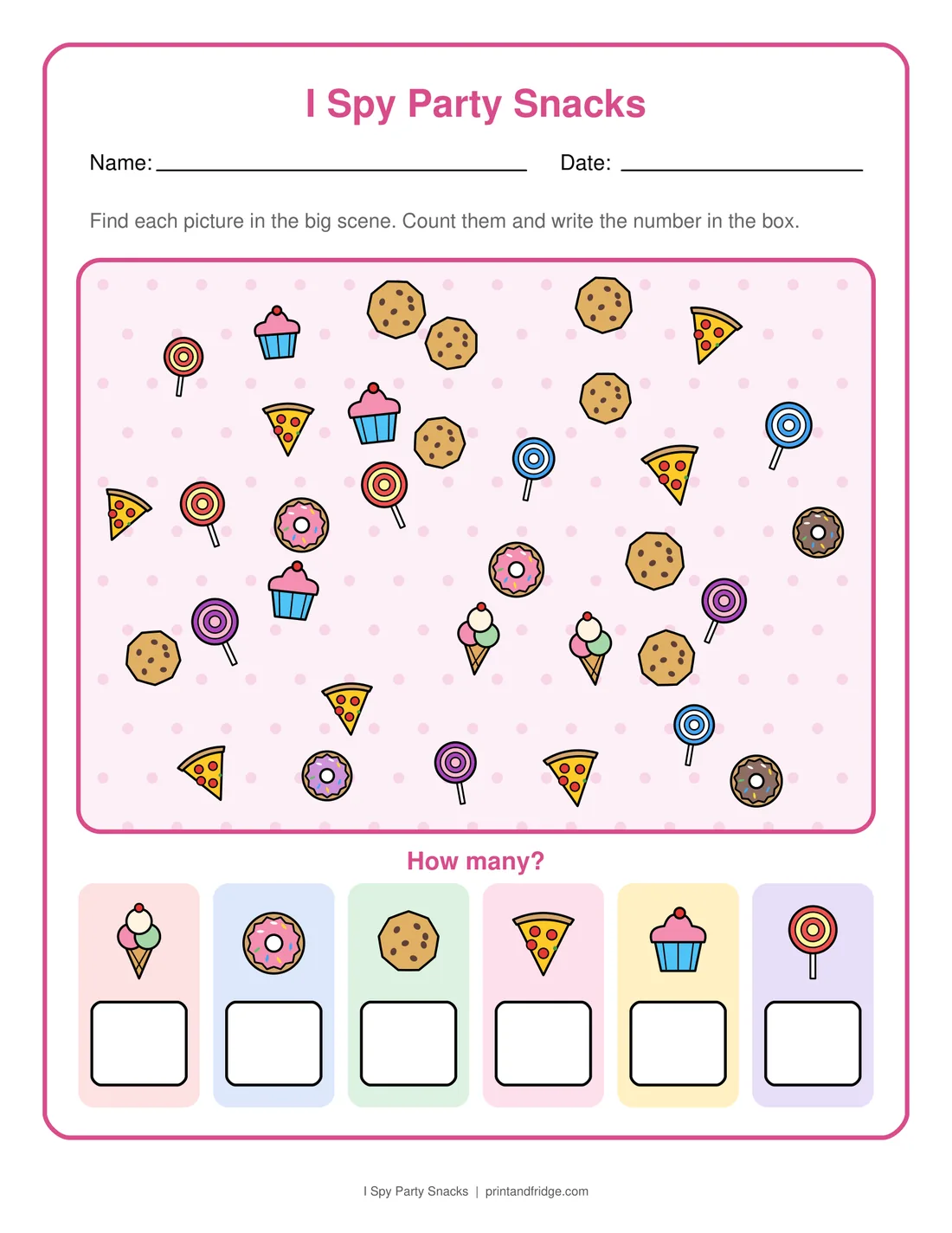 I Spy Party Snacks printable worksheet