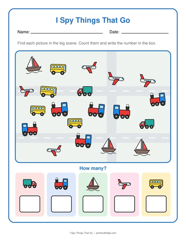 I Spy Things That Go printable worksheet