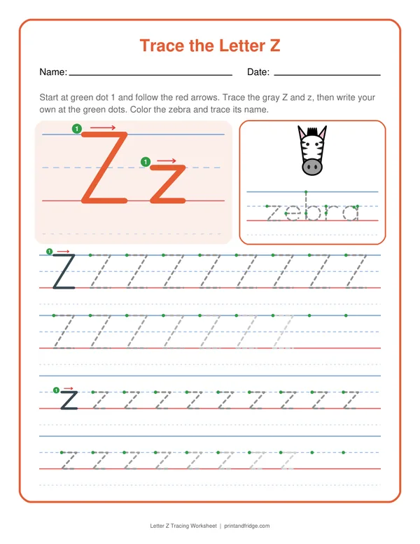 Letter Z Tracing Worksheet printable worksheet