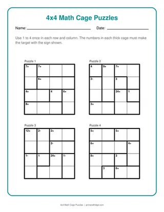 4x4 Math Cage Puzzles