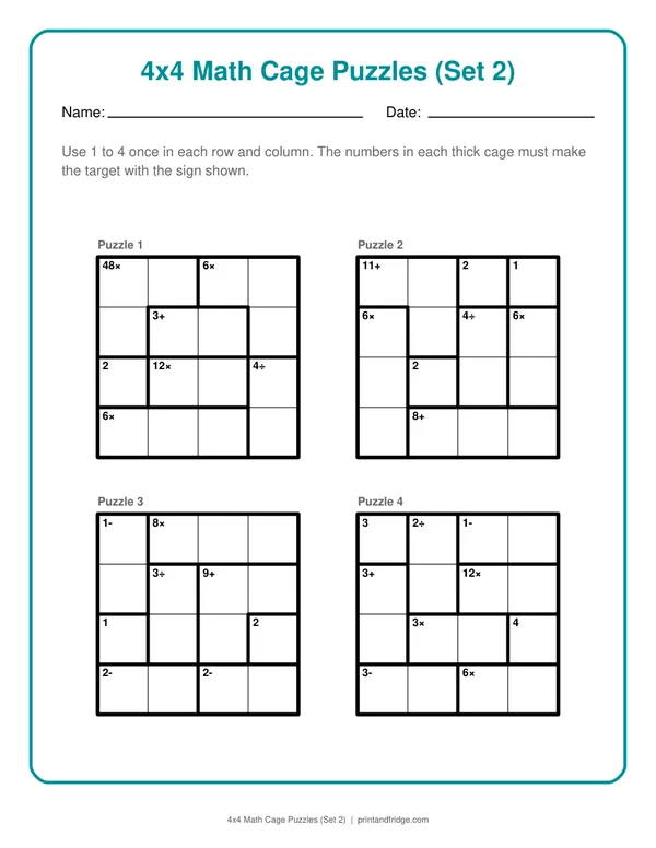 4x4 Math Cage Puzzles (Set 2) printable puzzle