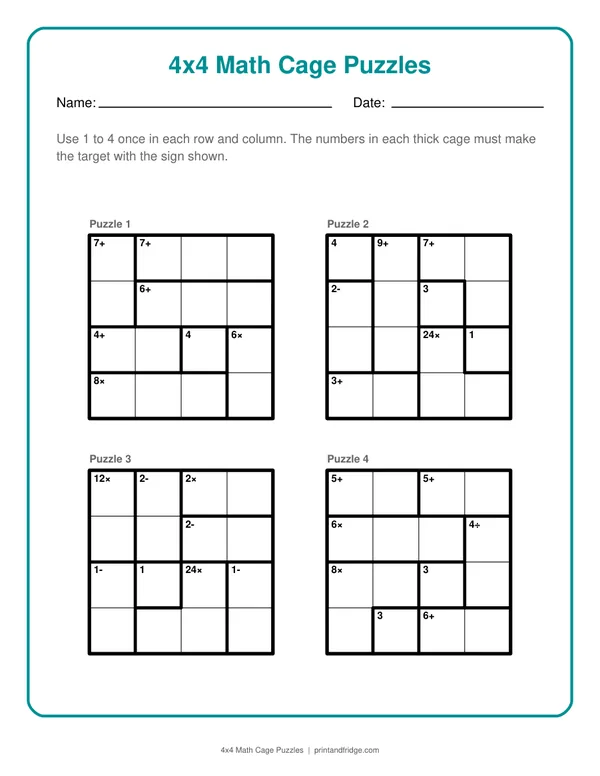 4x4 Math Cage Puzzles printable puzzle