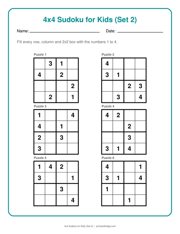 4x4 Sudoku for Kids (Set 2) printable puzzle