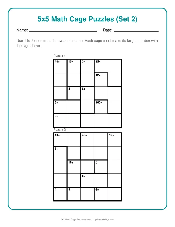 5x5 Math Cage Puzzles (Set 2) printable puzzle