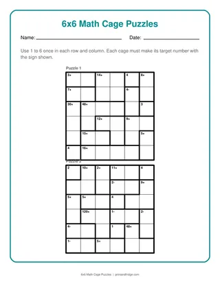 6x6 Math Cage Puzzles