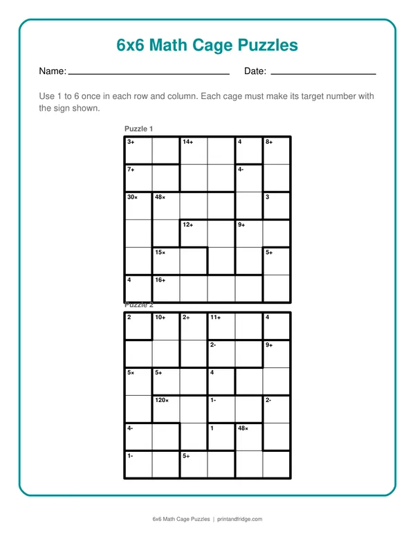 6x6 Math Cage Puzzles printable puzzle