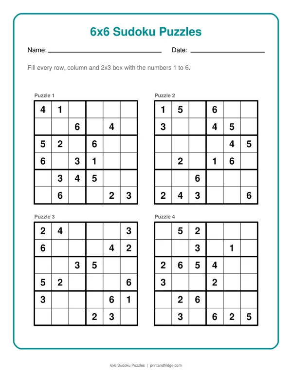 6x6 Sudoku Puzzles printable puzzle
