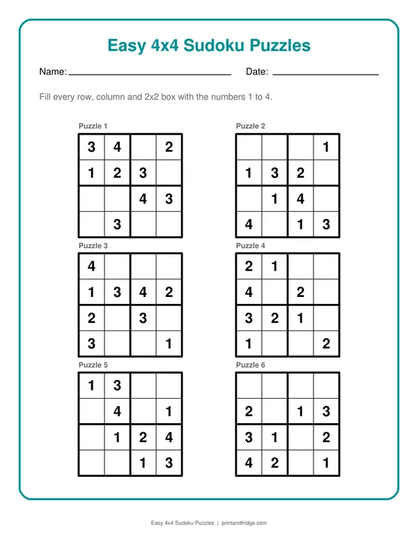 Easy 4x4 Sudoku Puzzles printable puzzle