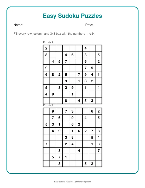 Easy Sudoku Puzzles printable puzzle