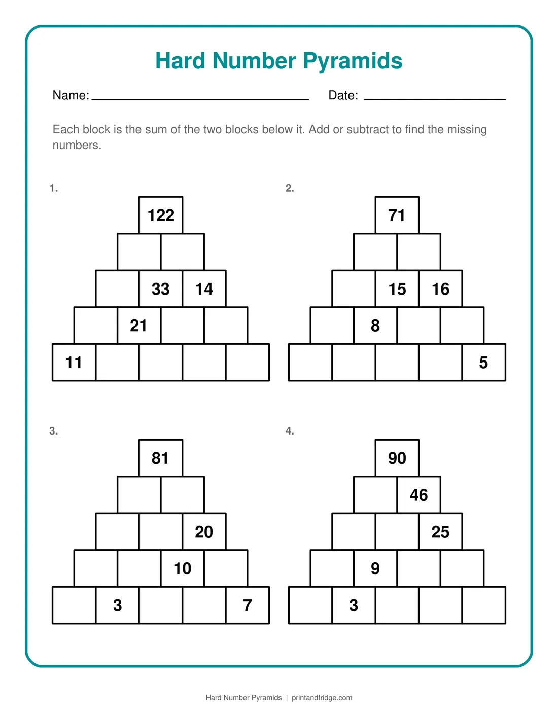 Hard Number Pyramids printable puzzle