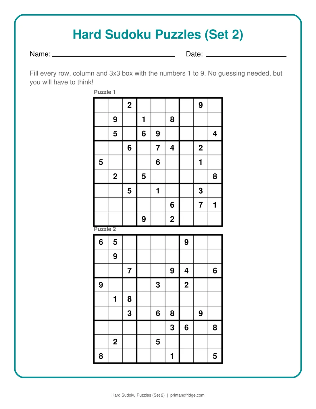 Hard Sudoku Puzzles (Set 2) printable puzzle