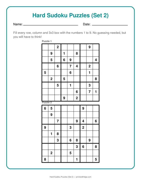 Hard Sudoku Puzzles (Set 2) printable puzzle