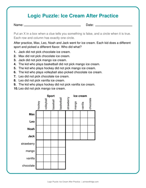 Logic Puzzle: Ice Cream After Practice printable puzzle