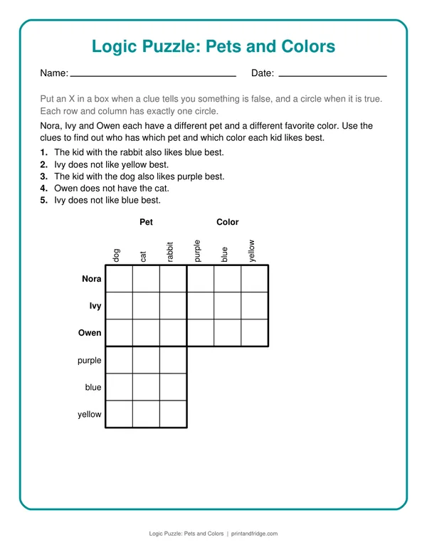 Logic Puzzle: Pets and Colors printable puzzle