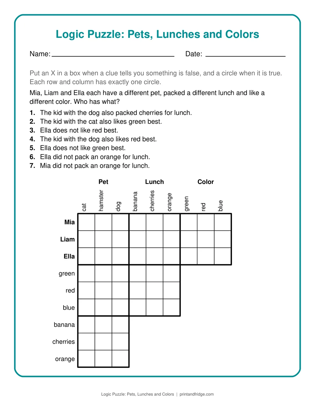 Logic Puzzle: Pets, Lunches and Colors printable puzzle