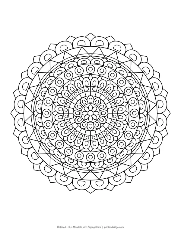 Detailed Lotus Mandala with Zigzag Stars coloring page