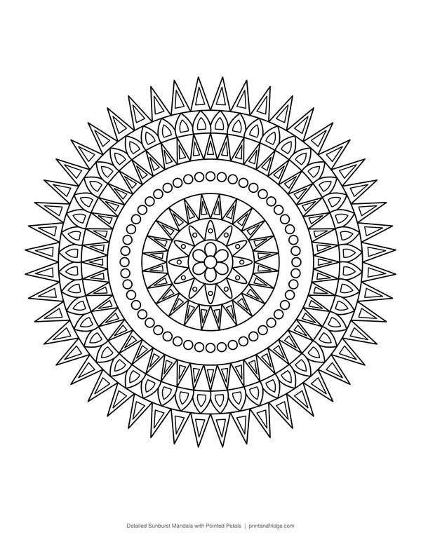 Detailed Sunburst Mandala with Pointed Petals coloring page