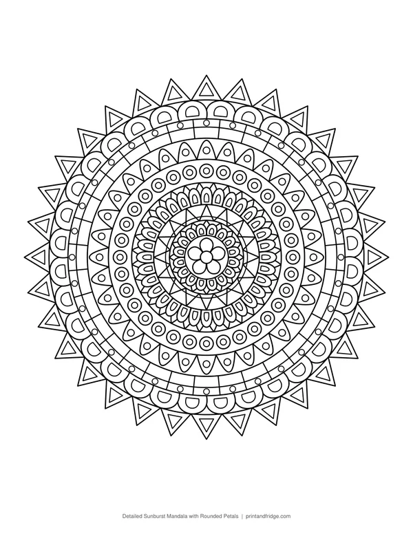 Detailed Sunburst Mandala with Rounded Petals coloring page