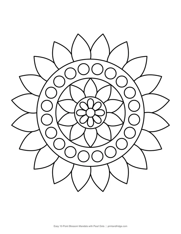 Easy 10-Point Blossom Mandala with Pearl Dots printable coloring page