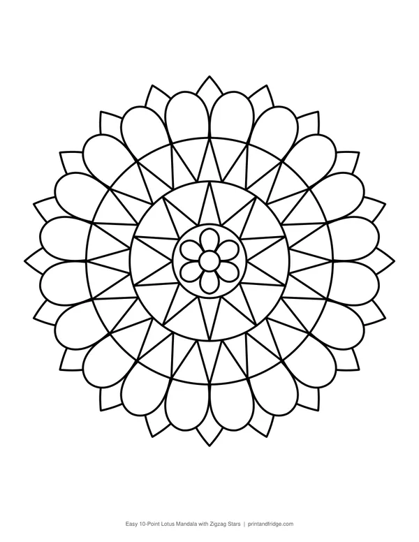 Easy 10-Point Lotus Mandala with Zigzag Stars printable coloring page