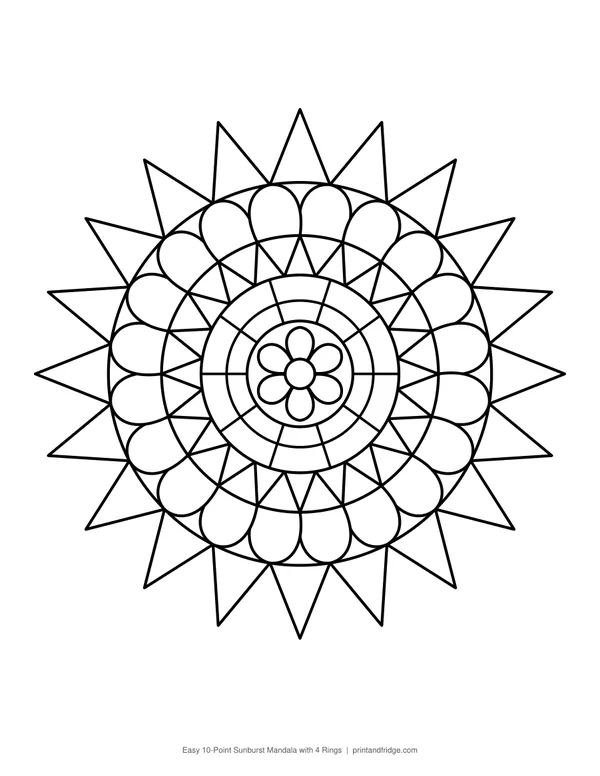 Easy 10-Point Sunburst Mandala with 4 Rings printable coloring page