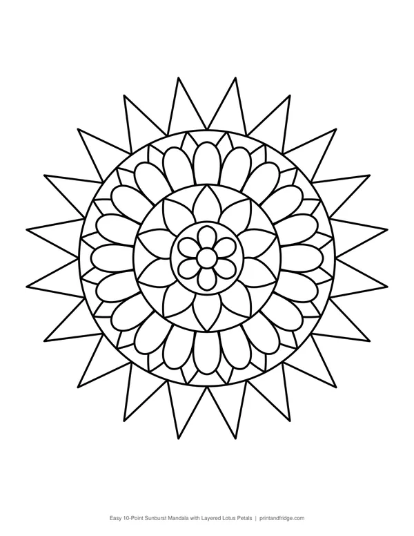 Easy 10-Point Sunburst Mandala with Layered Lotus Petals printable coloring page